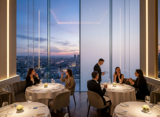 瞬間調光フィルムFLクリスタルブラインドで魔法のようなレストラン空間を