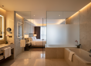 ホテル浴室やスパなど高温多湿環境もOK┃瞬間調光フィルムDuo〜デュオ〜