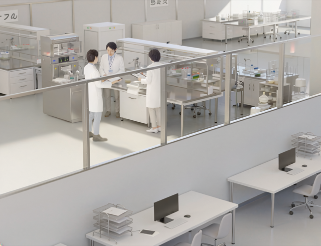 シーン3：ラボの執務エリアと実験エリアをゆるやかに分ける